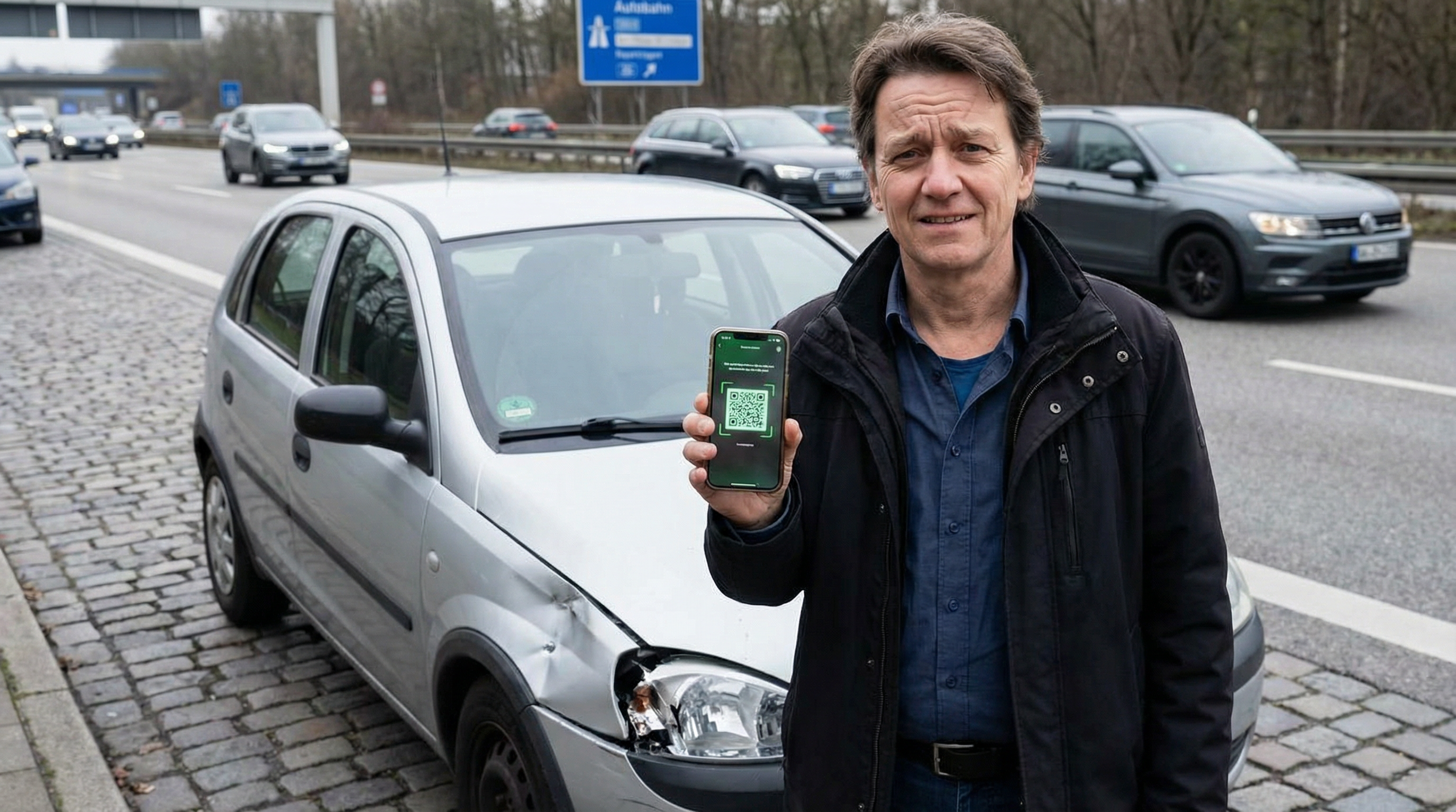 Autofahrer am Unfallort mit Smartphone