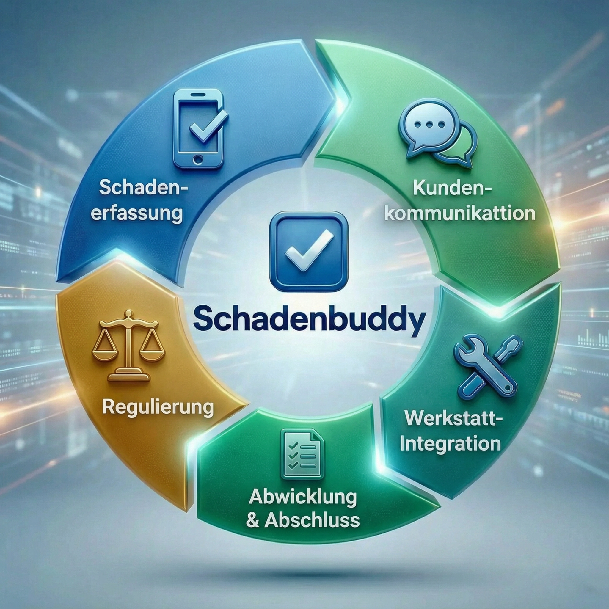 Schadenbuddy® 360-Grad-Schadenservice für Autohäuser - 5 Schritte Kreisdiagramm: Schadenerfassung, Kundenkommunikation, Werkstatt-Integration, Abwicklung und Regulierung durch Rechtsanwalt