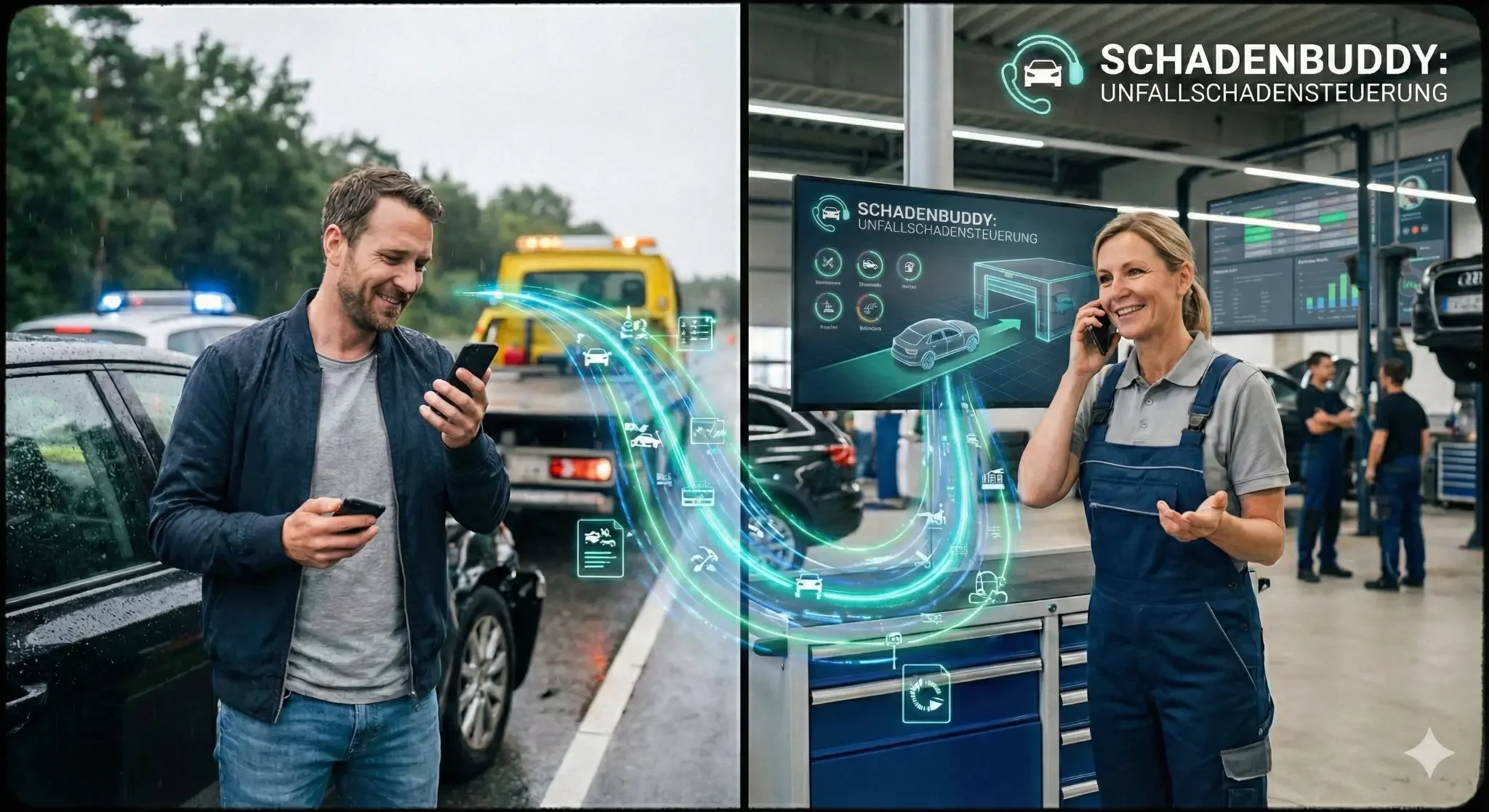Schadenbuddy® Unfallschadensteuerung - Kunde am Unfallort verbunden mit Werkstatt