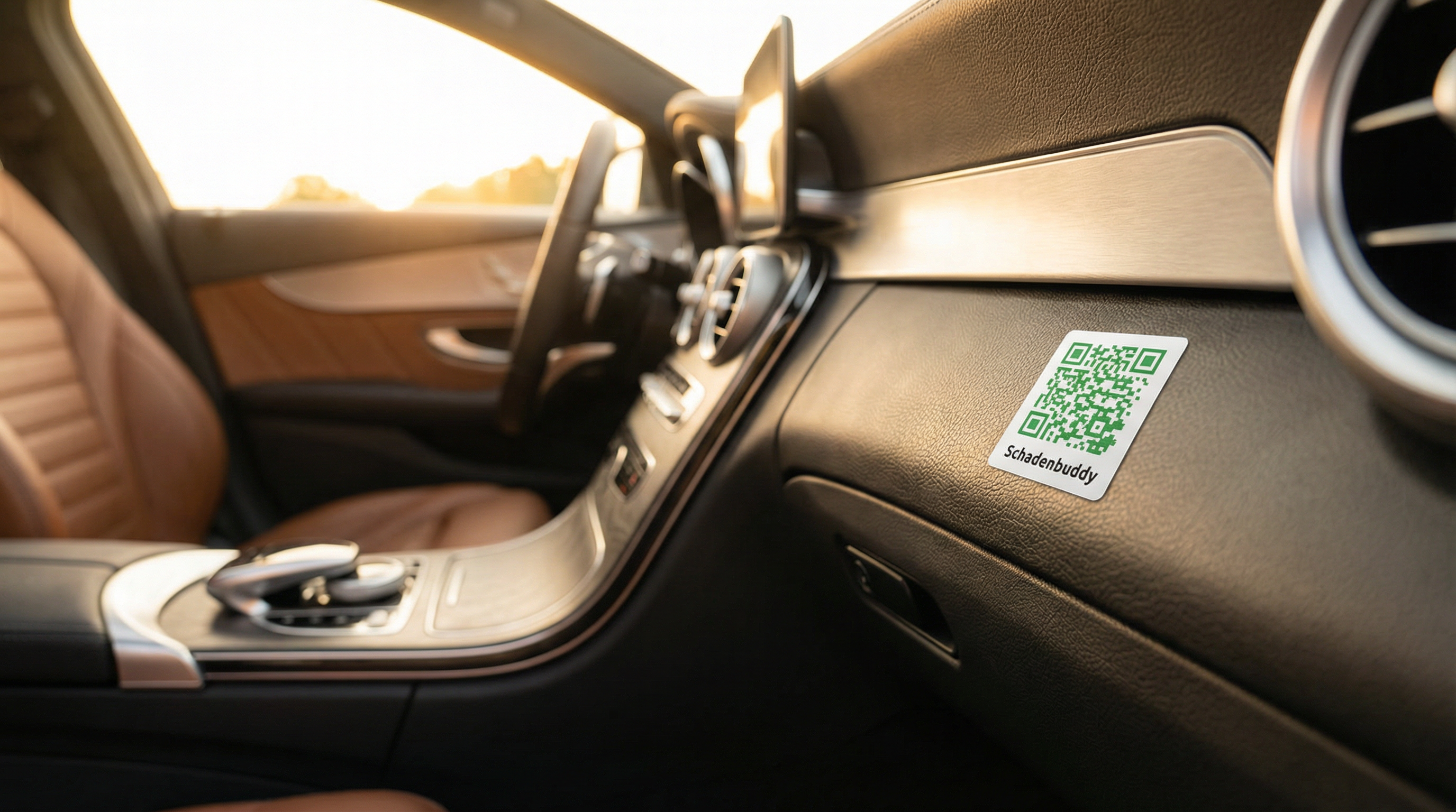 Schadenbuddy® QR-Code Sticker im Auto auf dem Armaturenbrett